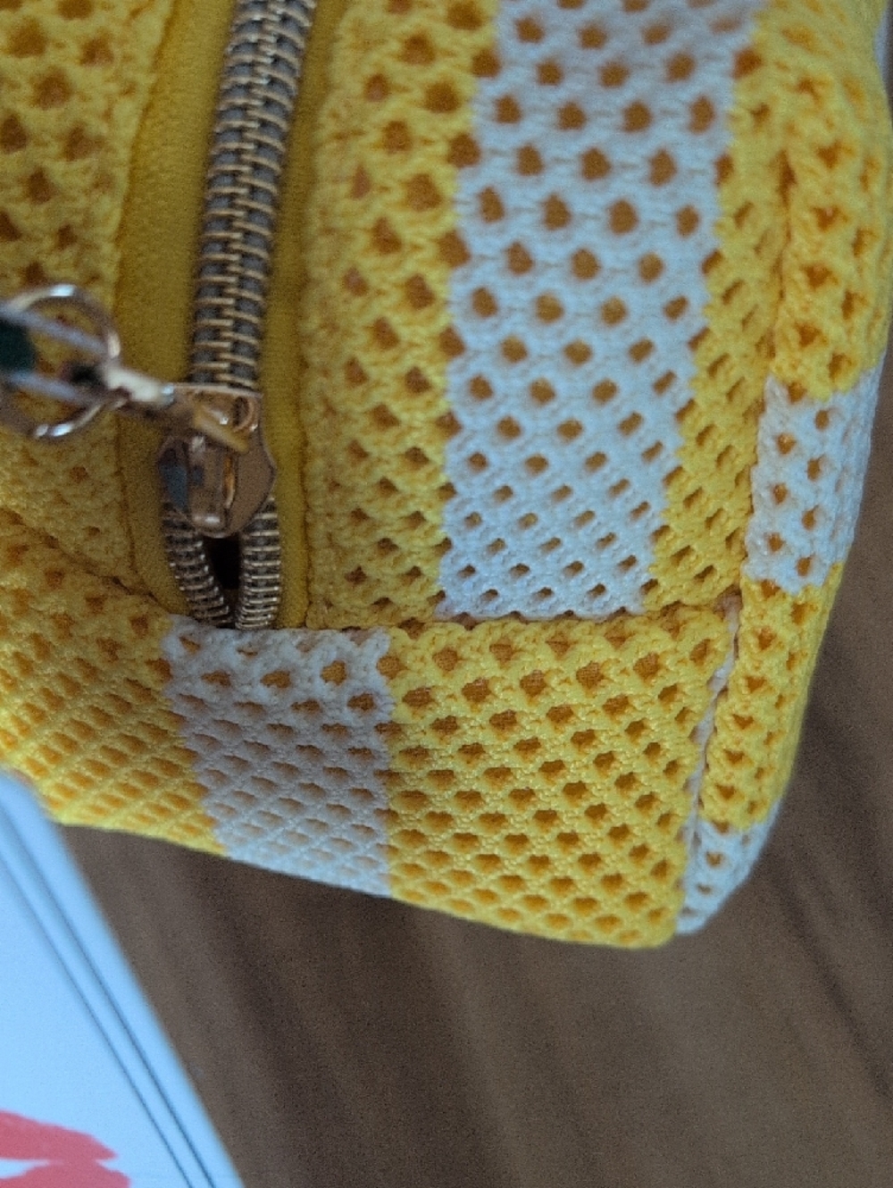 Blush Crochet Cosmetic Pouch in Yellow and White with Red Cherry Charm - Picture 4 of 10